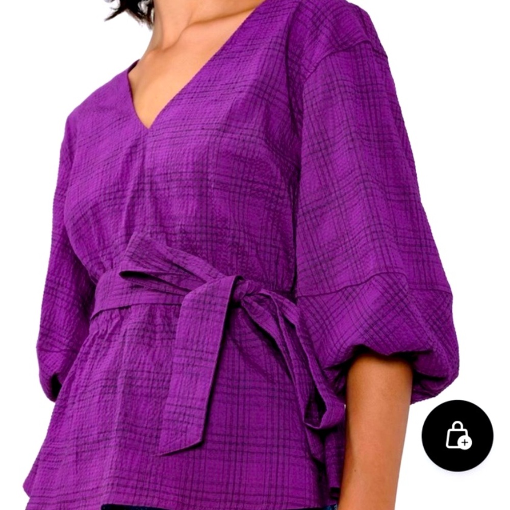 Purple Puff Sleeve Wrap Blouse with Tie Front